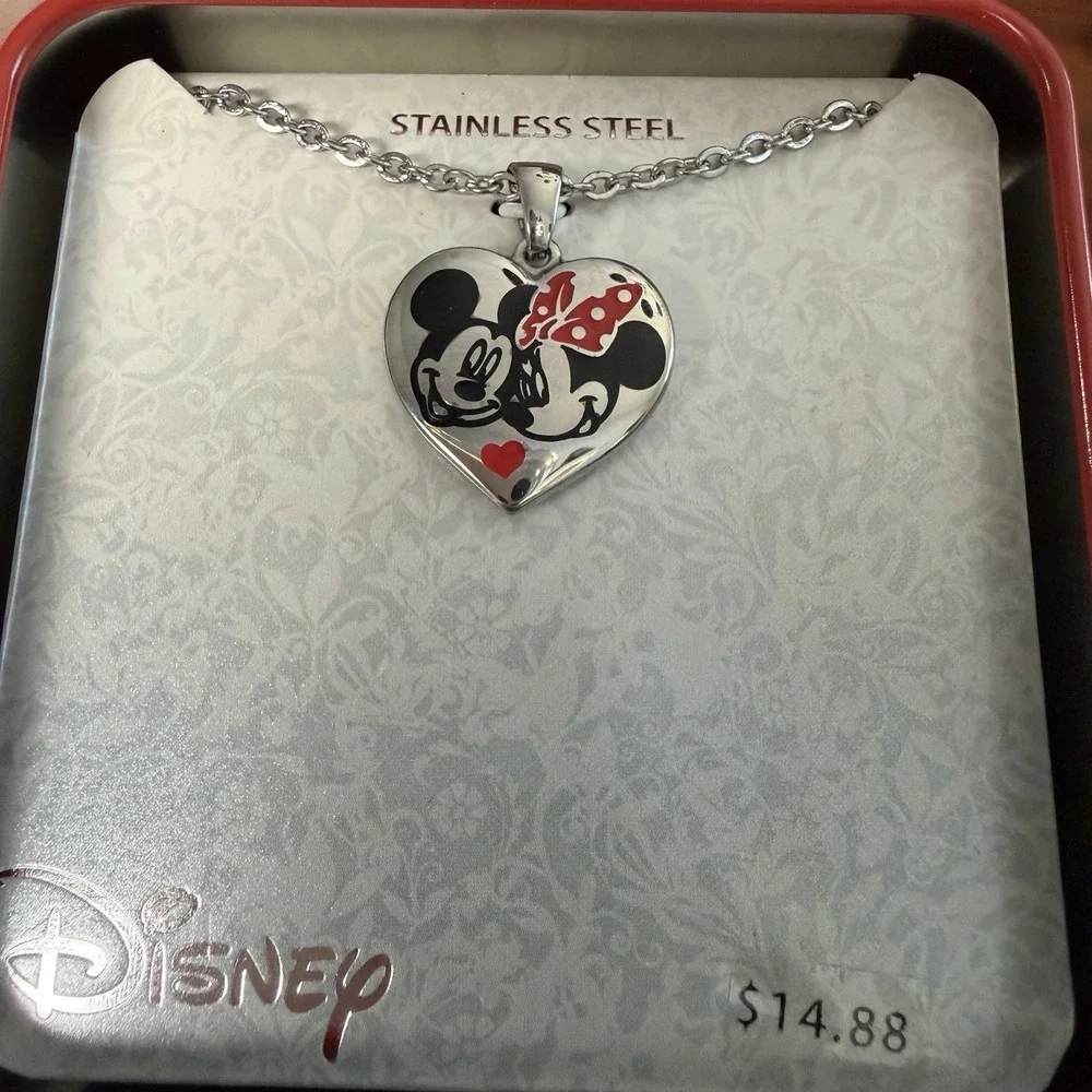 Mickey Minnie Mouse Stainless Steel Heart Necklace With Tin‎ NIB
